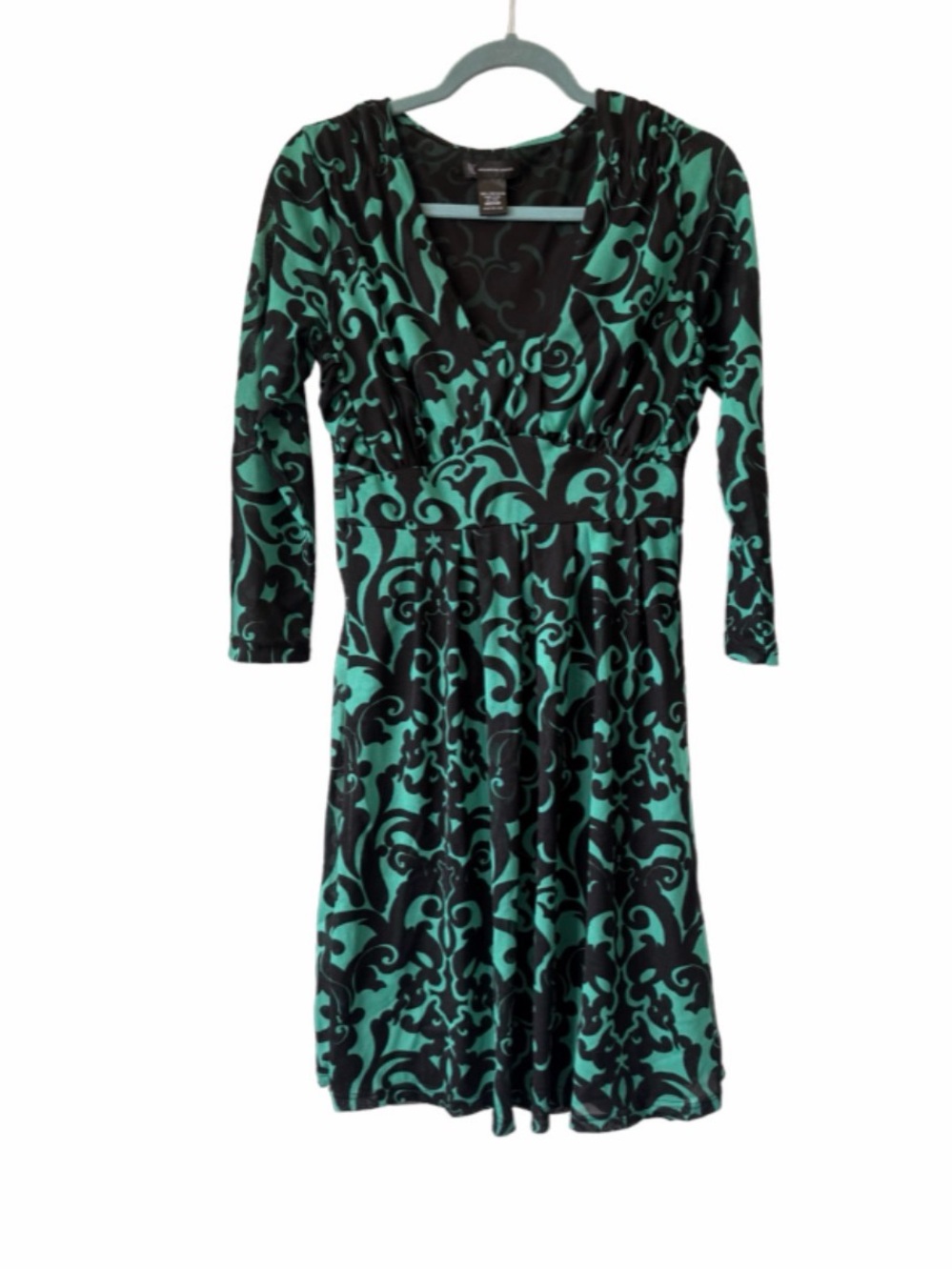 INC International Concepts Black and Teal V-Neck Long Sleeve Dress